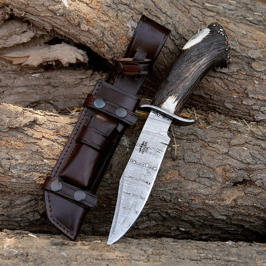 Wildfire Damascus Bowie Knife with Stag Antler Handle